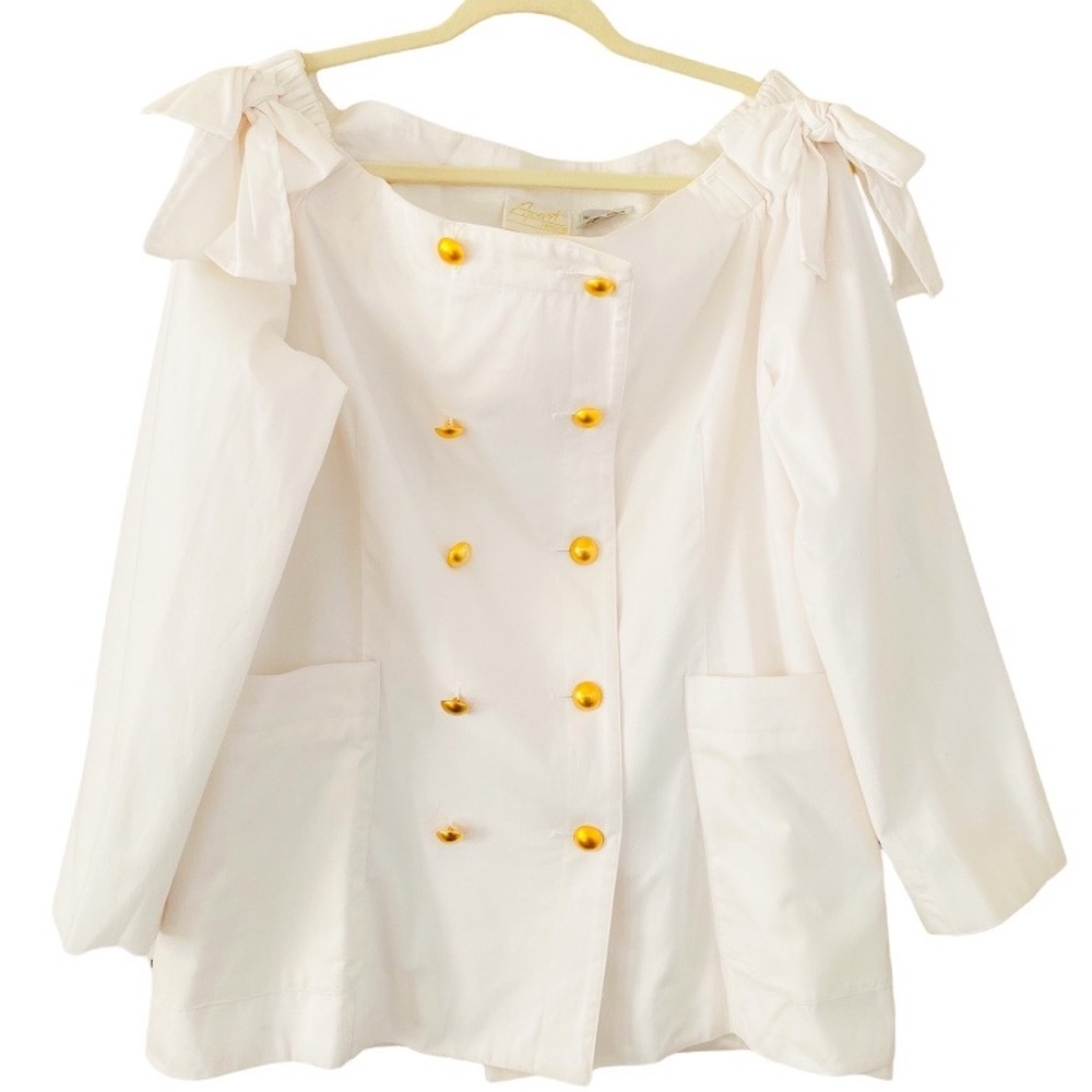 Apart Fashion NWT Vintage White & Gold Double Breasted‎ Off Shoulder Bow Blouse